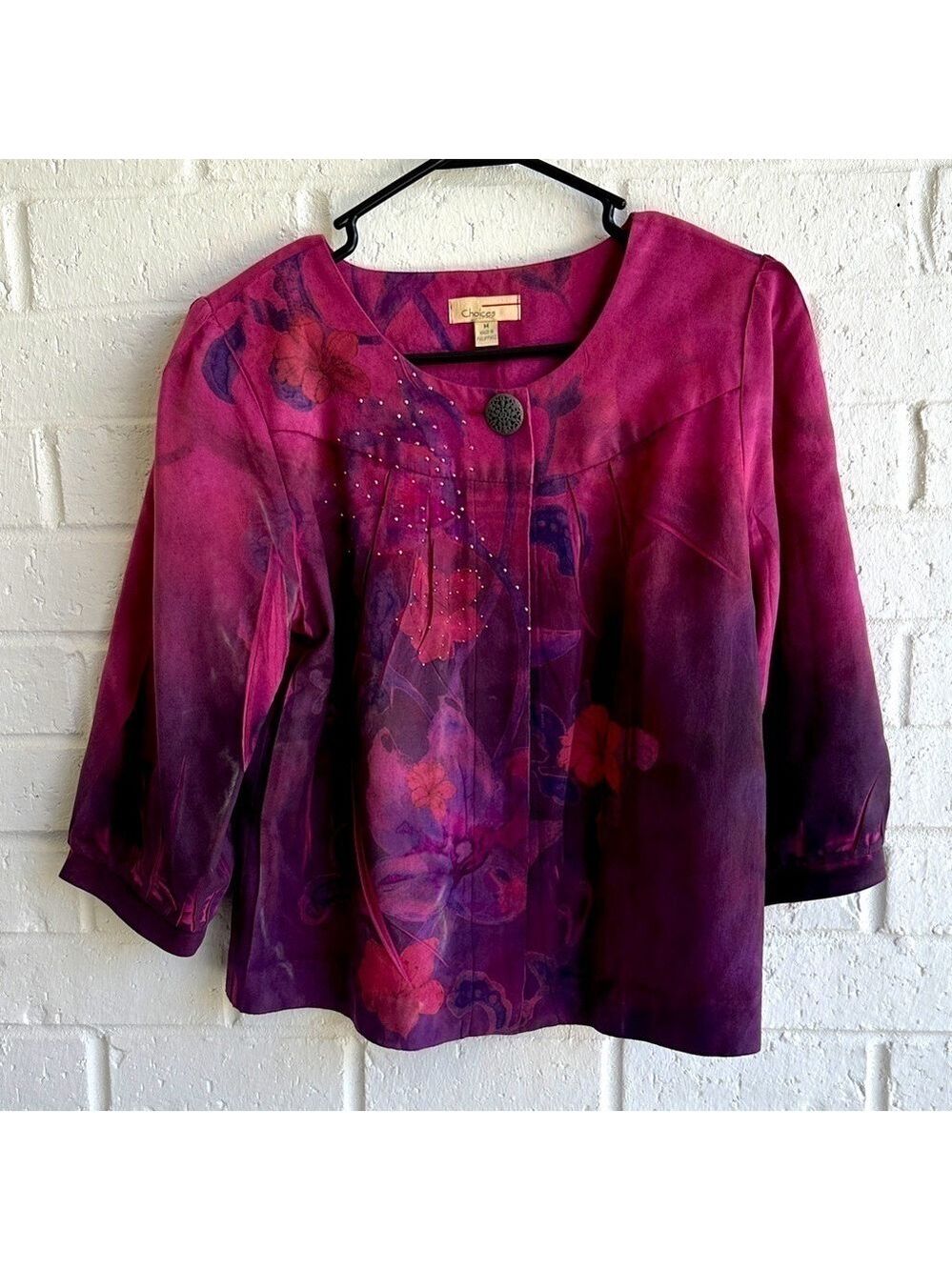 Choices Women’s Magenta Floral Crop Jacket with Beaded embellishment Size M Vtg
